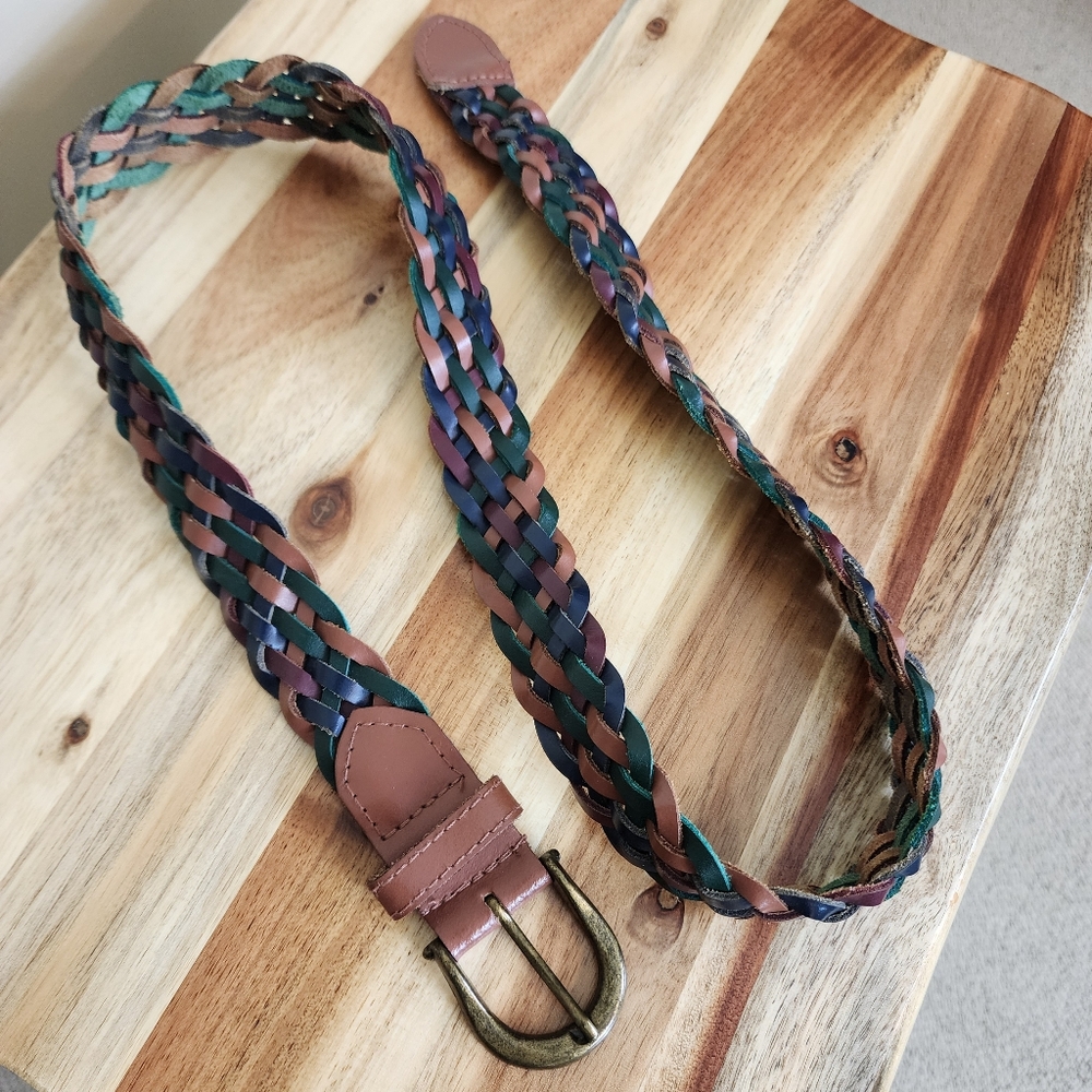 Vintage Multicolor Braided Genuine Leather Belt Woven Brass Buckle Boho Western
